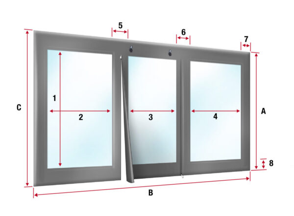 Diagramm von drei nebeneinanderliegenden vertikalen Fensterpaneelen, die einem Carport/Terrassenplane ähneln, mit der Bezeichnung A-8 und den Markierungen 1, 3, 4. Jedes Paneel weist horizontale Pfeile auf, die die Breite mit den Markierungen 2, 3 und 4 zeigen.