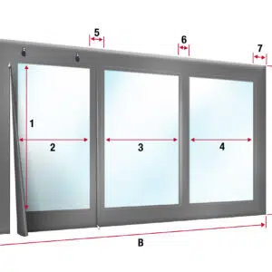 Abbildung einer Carport- oder Terrassenplane mit dreiflügeligem Schiebefenster in einem Wintergarten. Die Paneele sind mit Pfeilen und den Zahlen 2, 3, 4 für die Breite und C für die Höhe gekennzeichnet; die Abmessungen A, B; die Abstände sind durch Pfeile mit 5, 6, 7 und 8 gekennzeichnet.