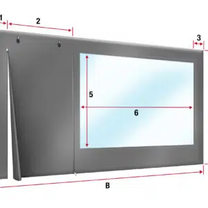 Abbildung eines gerahmten Spiegels mit Maßangaben. Der Spiegel hat einen dicken Rand und an den Seiten sind Maße markiert, die Höhe und Breite des Rahmens und der reflektierenden Fläche des Spiegels angeben.