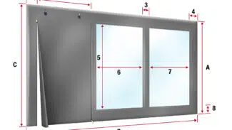 Abbildung „Carport- oder Terrassenplane“ mit zwei Fensterpaneelen mit den Bezeichnungen A, B, C und 1-8 mit blauem Glas und Haken im Zeltplane-Stil oben links.