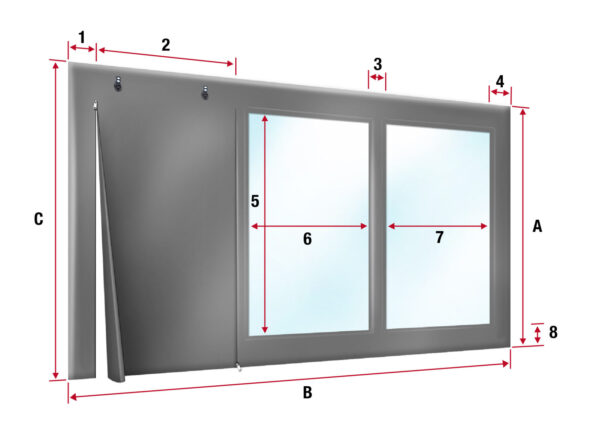 Abbildung „Carport- oder Terrassenplane“ mit zwei Fensterpaneelen mit den Bezeichnungen A, B, C und 1-8 mit blauem Glas und Haken im Zeltplane-Stil oben links.