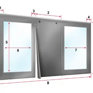Dargestelltes Doppelglasfenster mit den Maßen Höhe (A), Gesamtbreite (B) und mittlerer Scheibenabstand (2), ähnlich der strukturierten Bauweise der Carport- oder Terrassenplane - mit 2x Fenster/ mit 1x Tür.