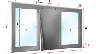 Dargestelltes Doppelglasfenster mit den Maßen Höhe (A), Gesamtbreite (B) und mittlerer Scheibenabstand (2), ähnlich der strukturierten Bauweise der Carport- oder Terrassenplane - mit 2x Fenster/ mit 1x Tür.