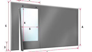 Abbildung eines rechteckigen Blechs mit den angegebenen Abmessungen: Länge (A), Breite (B), Höhe (C) und ein darüberliegendes Rechteck mit den Maßangaben für Länge (4) und Breite (5). Die Beschriftungen 1, 2 und 3 stellen bestimmte Segmente dar.