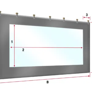 Ein Diagramm einer rechteckigen Schiebeplane mit Fenster zeigt die Abmessungen: A (Rahmenhöhe), B (Breite), C (Fensterhöhe), 1 (obere Rahmendicke), 2 (Fensterbreite) und 3 & 4 (seitliche/untere Rahmendicken).