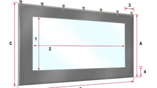 Ein Diagramm einer rechteckigen Schiebeplane mit Fenster zeigt die Abmessungen: A (Rahmenhöhe), B (Breite), C (Fensterhöhe), 1 (obere Rahmendicke), 2 (Fensterbreite) und 3 & 4 (seitliche/untere Rahmendicken).