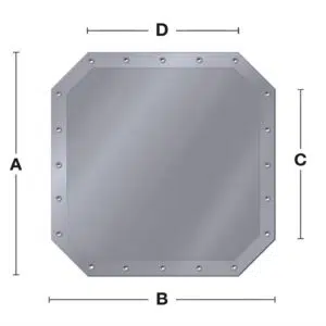 Abbildung eines achteckigen Metallschildes mit Schrauben an den Kanten. Das Schild ist mit den Abmessungen A (Höhe), B (Breite), C (Seite) und D (Ecke zu Ecke) beschriftet. Die Oberfläche hat einen metallischen Glanz.