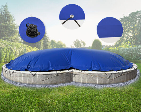 Ein großer, blauer Aufblasbarer Poolplanen für Achtform-Becken deckt ein rundes Außenbecken ab, zeigt Material, Spanngurte, Ventil und ist von Gras und Bäumen umgeben.