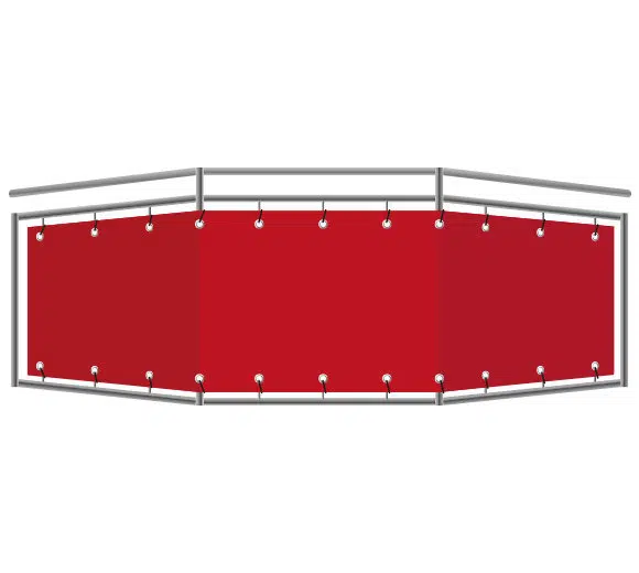 Abbildung eines rot-grauen Boxrings von oben. Der Ring hat einen roten Segeltuchboden, graue Eckpolster und ist auf allen Seiten von grauen Seilen umgeben.