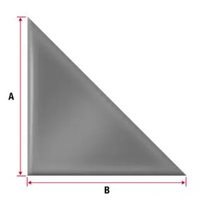 Ein rechtwinkliges Dreieck mit einer glatten, schattierten Oberfläche. Die Katheten sind mit „A“ für die vertikale Seite und „B“ für die horizontale Seite gekennzeichnet, wobei Pfeile ihre Längen angeben.
