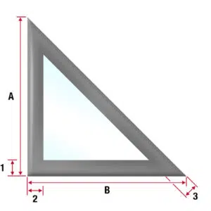 Abbildung eines rechtwinkligen Dreiecks mit beschrifteten Seiten. Seite A ist vertikal, Seite B ist horizontal und die Hypothenuse ist schattiert. Zur Orientierung sind auf den Seiten zusätzlich kleine Zahlen 1, 2 und 3 angegeben.