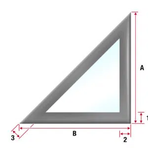 Abbildung eines rechtwinkligen Dreiecks mit dickem grauem Rand und hellblauem Inneren. Es zeigt Höhe (A), Basis (B) und Längen 1, 2 und 3 entlang der Basis und Höhe, hervorgehoben mit roten Pfeilen.