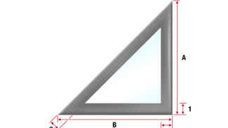 Abbildung eines rechtwinkligen Dreiecks mit dickem grauem Rand und hellblauem Inneren. Es zeigt Höhe (A), Basis (B) und Längen 1, 2 und 3 entlang der Basis und Höhe, hervorgehoben mit roten Pfeilen.