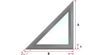 Abbildung eines rechtwinkligen Dreiecks mit dickem grauem Rand und hellblauem Inneren. Es zeigt Höhe (A), Basis (B) und Längen 1, 2 und 3 entlang der Basis und Höhe, hervorgehoben mit roten Pfeilen.