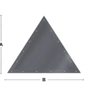 Graues Dreieck mit metallischer Textur und kleinen Bolzen an den Kanten. Eine Seite ist mit A und die Basis mit B markiert, wobei Doppelpfeile die Längenmessung anzeigen.