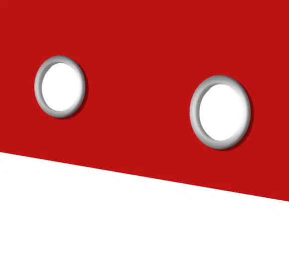 Eine rot-weiße abstrakte Komposition mit zwei kreisförmigen, schattigen Ausschnitten im oberen Bereich. Der rote Abschnitt befindet sich oben links und der weiße Abschnitt verläuft diagonal von unten links nach oben rechts.