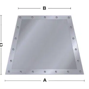 Eine trapezförmige Metallplatte mit den Maßangaben A (Unterkante), B (Oberkante) und C (Höhe). Die Platte hat eine reflektierende Oberfläche und runde Nieten, die gleichmäßig entlang ihrer Kanten verteilt sind.