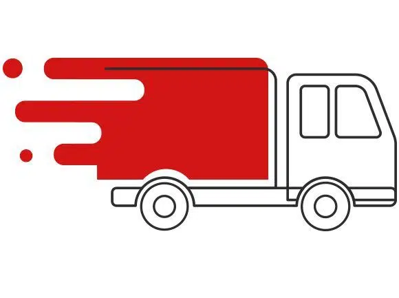 Abbildung eines Lastwagens mit minimalistischem Design. Das Heck des Lastwagens hat eine auffällige rote Farbe, die aus nachlaufenden Linien und Punkten besteht und Bewegung oder Geschwindigkeit suggeriert. Die Vorderseite und die Räder sind schwarz umrandet.