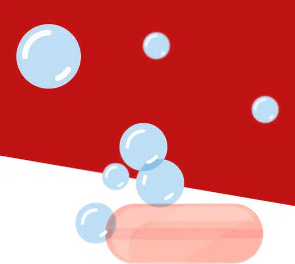 Abbildung mit durchscheinenden Blasen, die über einer glatten, ovalen Form vor einem rot-weißen Hintergrund schweben. Das Rot ist oben diagonal angeordnet, während das Weiß den Boden bedeckt.