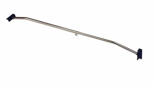 Der Alubügel für Flachplanen - verstellbar verfügt über eine verchromte verstellbare Spannstange mit schwarzen Gummiendkappen und abgewinkelten Kanten und nutzt einen zentralen Drehmechanismus zur Längenverstellung.