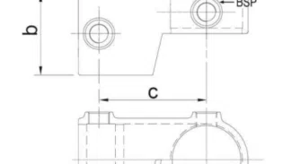 Technische Zeichnung des Rohrverbinders -verstellbar- für 25mm-Rohre, zeigt die Abmessungen „a“, „b“ und „c“ mit zwei runden Löchern, eines davon rechts mit der Bezeichnung „BSP“. Durchgezogene/gestrichelte Linien zeigen unterschiedliche Ansichten/Merkmale.