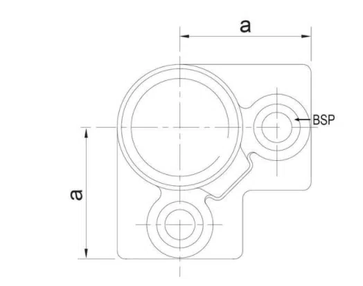 Technische Zeichnung des „Rohrverbinders / Dreiweg Eckstück für 25mm-Rohre“ mit drei BSP-beschrifteten Kreisabschnitten, mit „a“ gekennzeichneten Abmessungen und detaillierten Verbindungslinien und -formen.