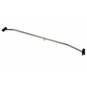 Der Alubügel für Flachplanen - verstellbar ist ein silberner Metallbügel mit schwarzen Enden, der für Halt und Stabilität sorgt und leichte Biegungen sowie eine Verjüngung zur Mitte hin aufweist.