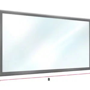 Abbildung einer transparenten Carport- oder Terrassenebene mit farbigem Saum, horizontal mit den Maßen A und B und vertikal mit C beschriftet, wobei rote Pfeile diese Maße in der perspektivischen Ansicht anzeigen.