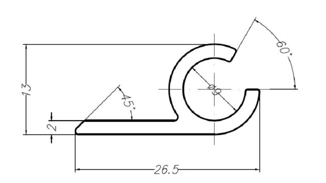 Technische Zeichnung einer Kederschiene für Keder mit 7,5mm Durchmesser