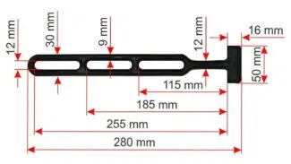 Diagramm einer schwarzen Gummistroppe-Halterung mit Schlitzen und Abmessungen: 280 mm, 255 mm, 185 mm, 115 mm, 50 mm, 30 mm, 16 mm und 12 mm. Die Maße sind mit roten Pfeilen und Linien markiert.