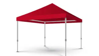 Ein rotes Pop-up-Überdachungszelt mit Pavillondach, einem spitzen Dach und vier Metallbeinen vor einem weißen Hintergrund. Diese einfache, tragbare Struktur ist perfekt für Veranstaltungen und Versammlungen im Freien.