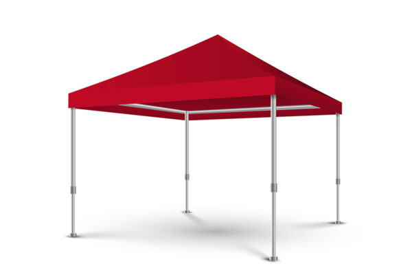Ein rotes Pop-up-Überdachungszelt mit Pavillondach, einem spitzen Dach und vier Metallbeinen vor einem weißen Hintergrund. Diese einfache, tragbare Struktur ist perfekt für Veranstaltungen und Versammlungen im Freien.