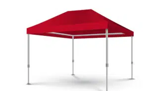 Vor einem schlichten weißen Hintergrund steht ein rotes Pop-up-Zelt mit Pavillondach und vier Metallbeinen.