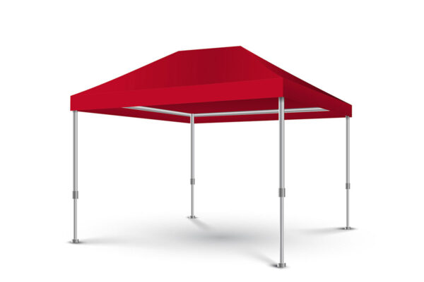 Vor einem schlichten weißen Hintergrund steht ein rotes Pop-up-Zelt mit Pavillondach und vier Metallbeinen.