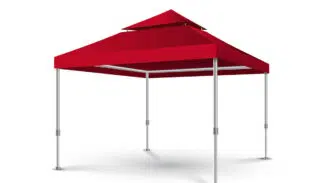 Rotes Pop-up-Pavillondachzelt mit vier Metallbeinen und Spitzdach vor weißem Hintergrund.