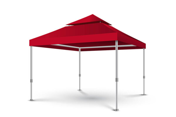 Rotes Pop-up-Pavillondachzelt mit vier Metallbeinen und Spitzdach vor weißem Hintergrund.