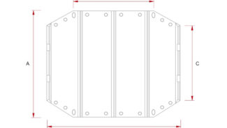 Eine technische Zeichnung einer „Achteckigen Poolplanen (Stangenabdeckung)“ zeigt geometrische Formen mit Randlöchern und vertikalen/horizontalen Linien mit den Bezeichnungen A, B, C, D. Rote Pfeile zeigen die Maße an.