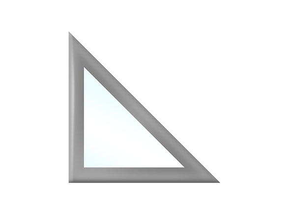 Ein graues Terrassenplanen-Dreieck mit einem rechten Winkel auf weißem Hintergrund. Die Außenkante ist durchgehend grau, während der Innenbereich eine leicht durchscheinende Oberfläche aufweist.