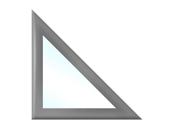 Abbildung eines grauen rechtwinkligen Dreiecks auf weißem Hintergrund. Die hellblaue Innenseite suggeriert eine transparente Oberfläche, ähnlich Terrassenplanen in Dreiecksform, die häufig beim Zeichnen und Entwerfen verwendet werden.