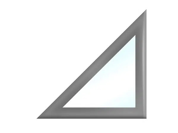 Abbildung eines geometrischen dreieckigen Lineals oder Terrassenplanen in Dreiecksform mit metallischer Kante. Dieses Geodreieck steht auf einem weißen Hintergrund und verfügt über einen transparenten Innenbereich.