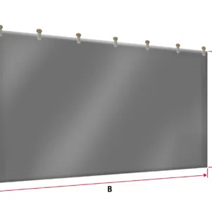Bild eines grauen, rechteckigen Vorhangs mit sechs Haken an der Oberkante. Die Seiten sind vertikal mit A und C beschriftet, wobei A auf der rechten Seite steht. Die Unterseite ist horizontal mit B beschriftet.