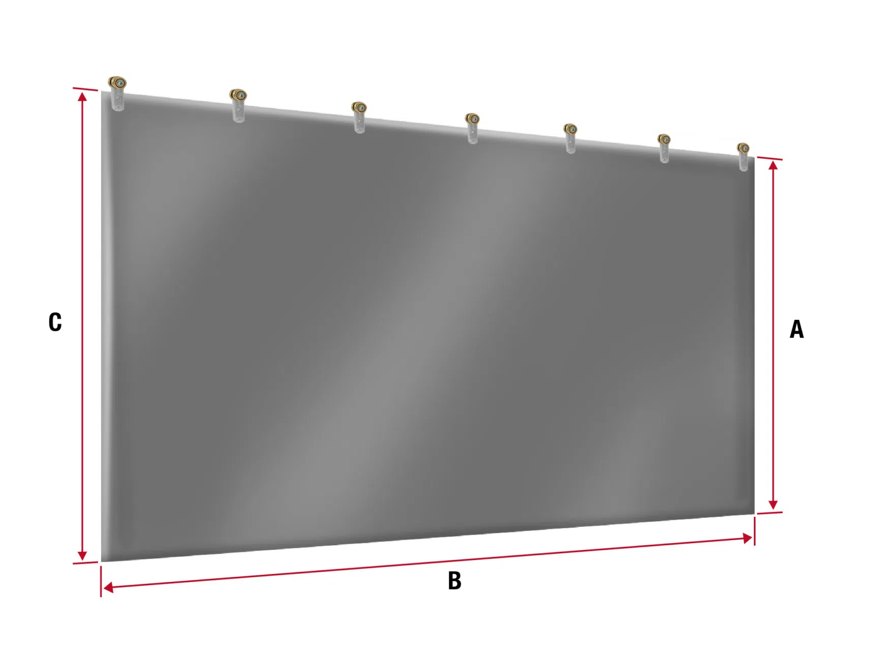 Bild eines grauen, rechteckigen Vorhangs mit sechs Haken an der Oberkante. Die Seiten sind vertikal mit A und C beschriftet, wobei A auf der rechten Seite steht. Die Unterseite ist horizontal mit B beschriftet.