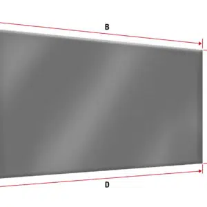Bild einer grauen rechteckigen Ebene aus einem bestimmten Winkel, gekennzeichnet mit roten Pfeilen, die auf die Seiten A, B, C und D zeigen und Maße oder Abmessungen andeuten.
