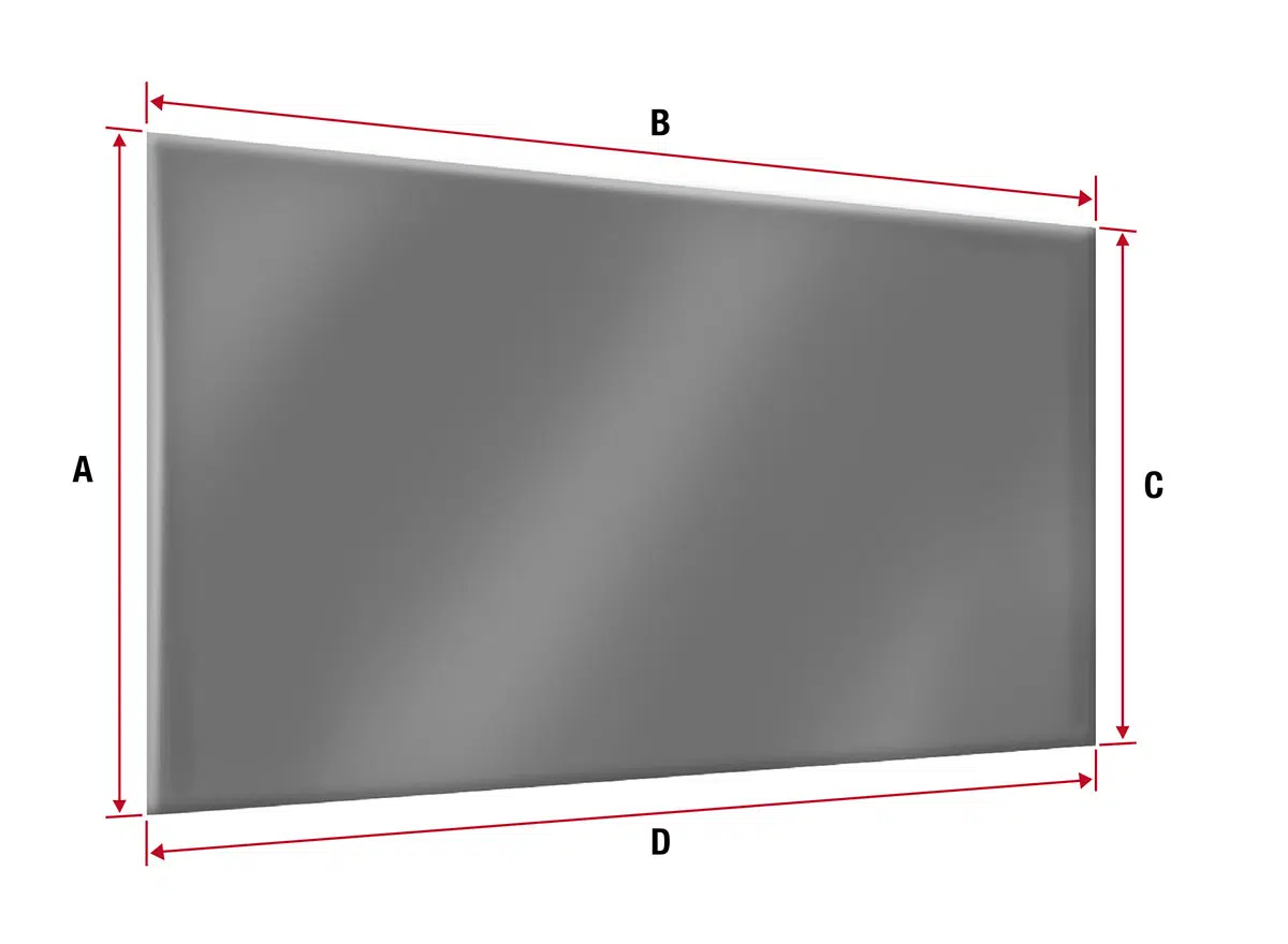 Bild einer grauen rechteckigen Ebene aus einem bestimmten Winkel, gekennzeichnet mit roten Pfeilen, die auf die Seiten A, B, C und D zeigen und Maße oder Abmessungen andeuten.