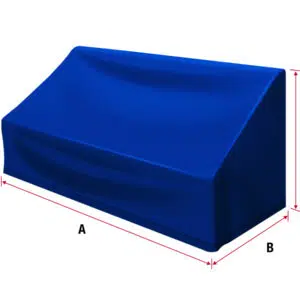 Eine blaue, eckige Abdeckung, die über ein rechteckiges Objekt mit roten Linien und beschrifteten Abmessungen gelegt ist: A und B entlang der Unterkanten, C auf der linken Seite und D auf der rechten Seite.