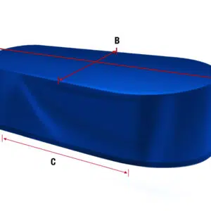 Eine 3D-Darstellung einer blauen Abdeckhauben-Sonderform-2-Kapsel zeigt: Länge (C) horizontal, Breite (B) senkrecht und Höhe (D) vertikal, mit den Punkten A und B an den Enden.