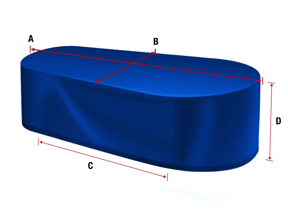 Eine 3D-Darstellung einer blauen Abdeckhauben-Sonderform-2-Kapsel zeigt: Länge (C) horizontal, Breite (B) senkrecht und Höhe (D) vertikal, mit den Punkten A und B an den Enden.