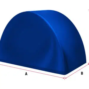 Ein blaues, kuppelförmiges Objekt namens Abdeckhauben Sonderform 3 mit den Abmessungen A (Breite), B (Tiefe) und C (Höhe). Es ähnelt einem Halbzylinder mit gewölbter Oberseite und flacher Unterseite.