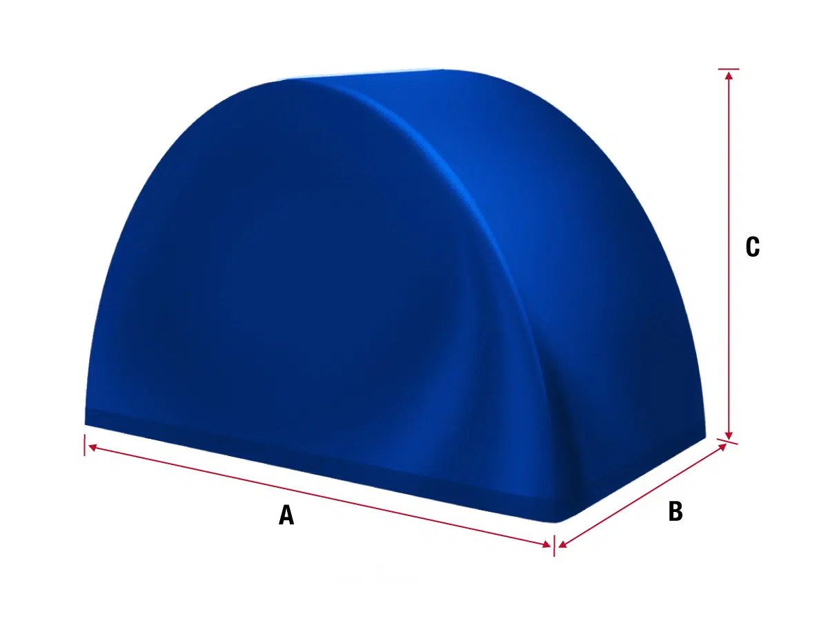 Ein blaues, kuppelförmiges Objekt namens Abdeckhauben Sonderform 3 mit den Abmessungen A (Breite), B (Tiefe) und C (Höhe). Es ähnelt einem Halbzylinder mit gewölbter Oberseite und flacher Unterseite.