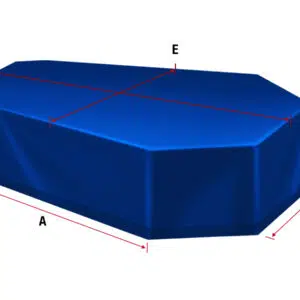 Eine blaue dreidimensionale geometrische Form, wie beispielsweise Abdeckhauben Sonderform 5, zeigt oben die Abmessungen A (Länge), B (Tiefe), C (Höhe) und Breite D bis E an, die alle durch rote Pfeile gekennzeichnet sind.